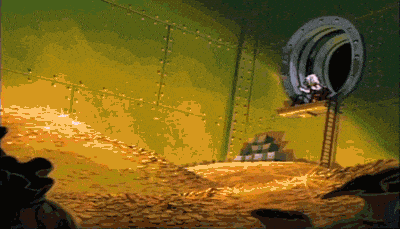Cartoon character Scrooge McDuck dives into a pool full of coins